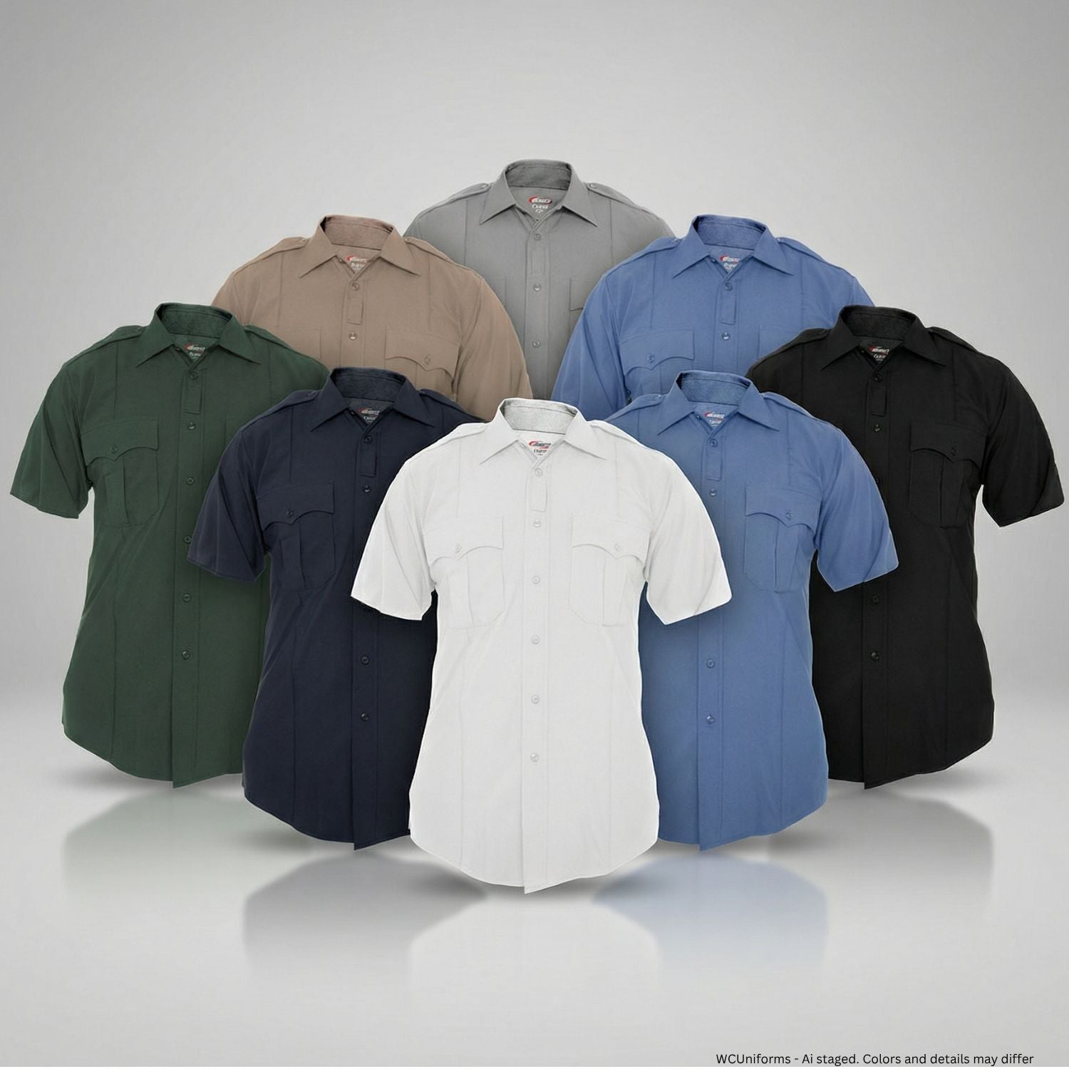 Collection of short-sleeve shirts in various colors on a gray background
