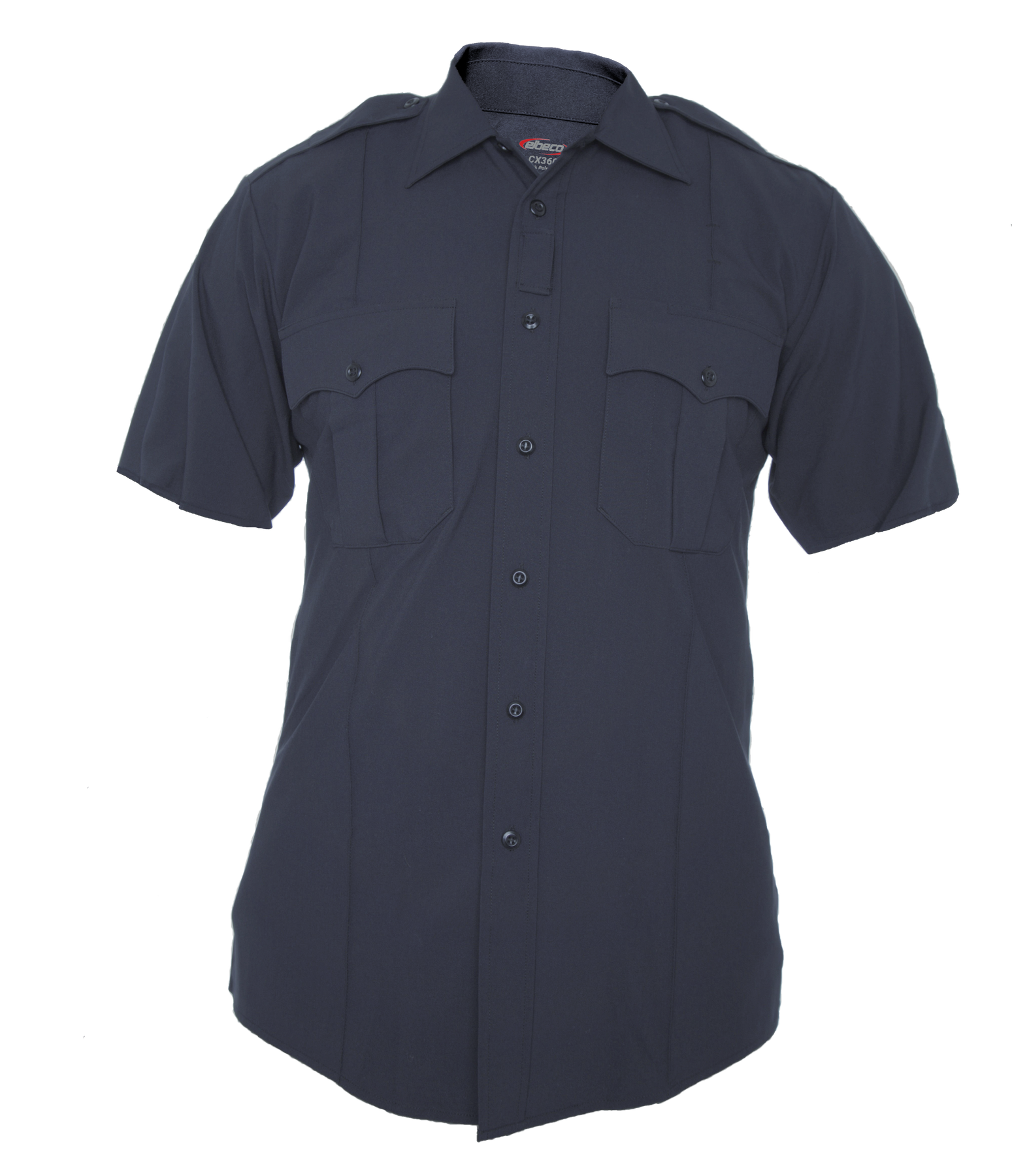 Navy short-sleeve shirt with button details on a white background