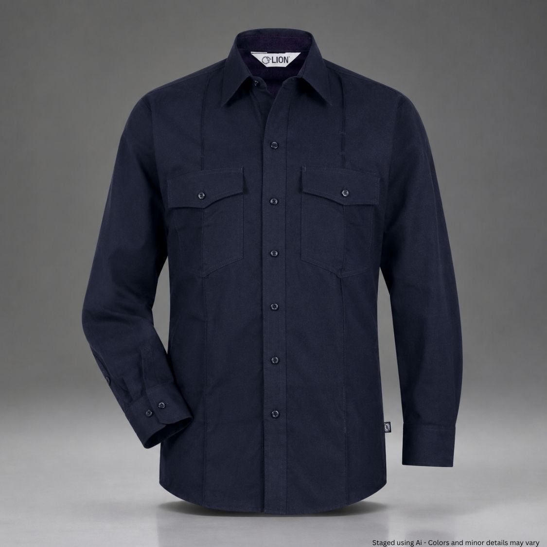 Navy blue shirt with two front pockets on a gray background
