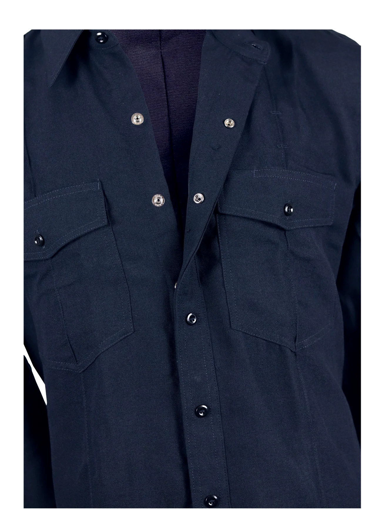 Navy blue shirt with button details on a white background