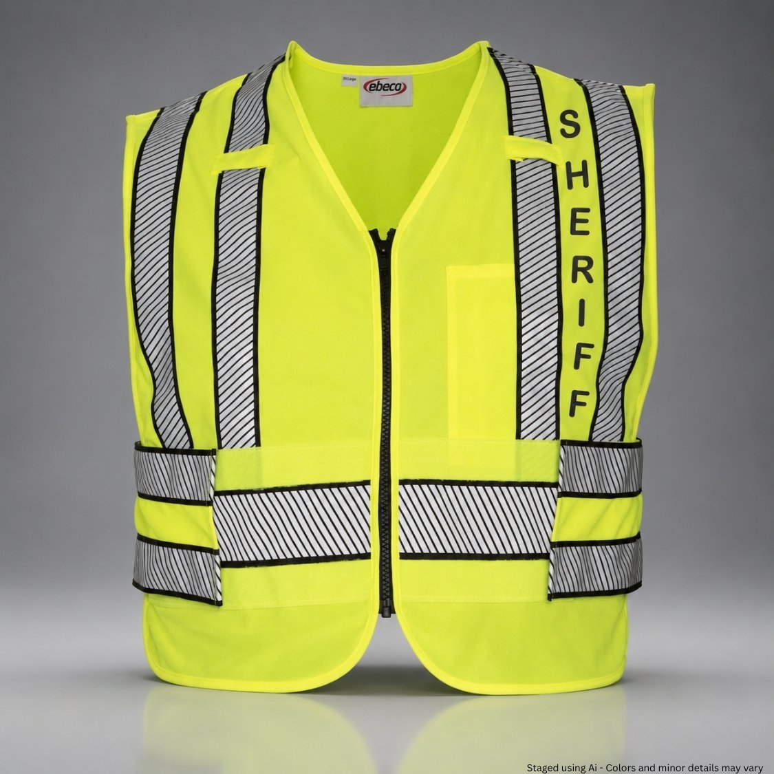 High-visibility yellow vest with 'SHERIFF' text on a gray background