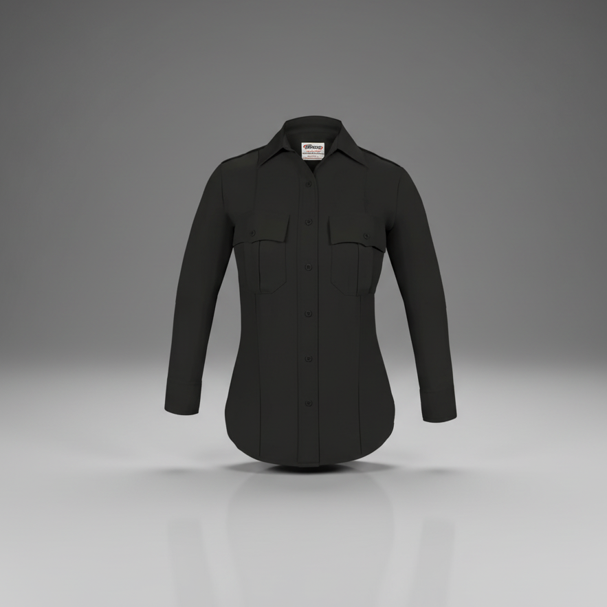 Elbeco Women's TexTrop2 Long-Sleeve Uniform Shirt Z9310LCN (Black) on a gray background