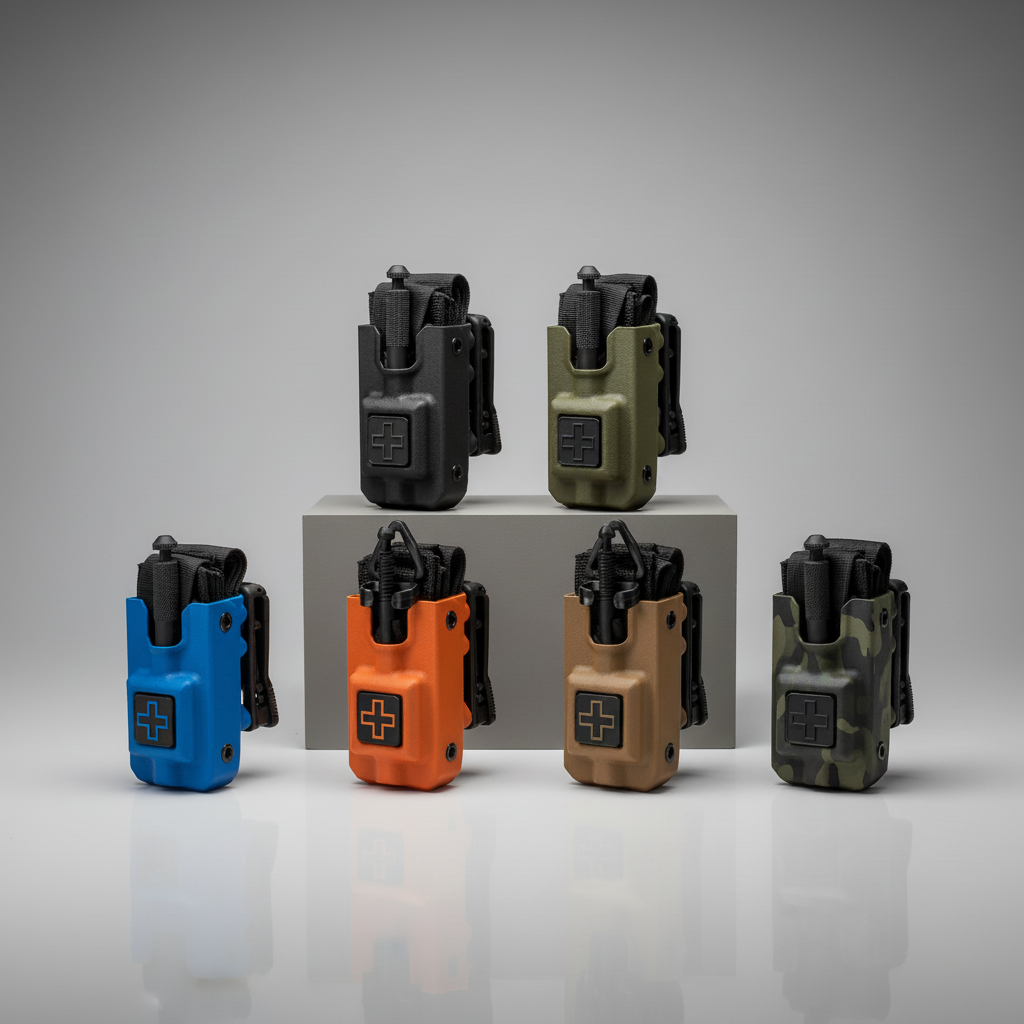 Set of six Eleven 10 RIGID Tourniquet Cases in different colors on a gray background