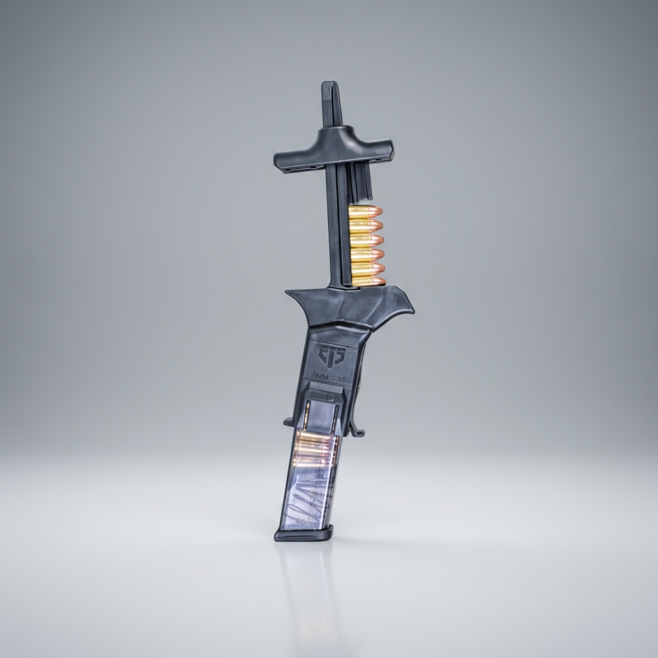 Black Elite Tactical Systems 9mm, .40 Speed Loader ETSCAM-9-40 on a gray background