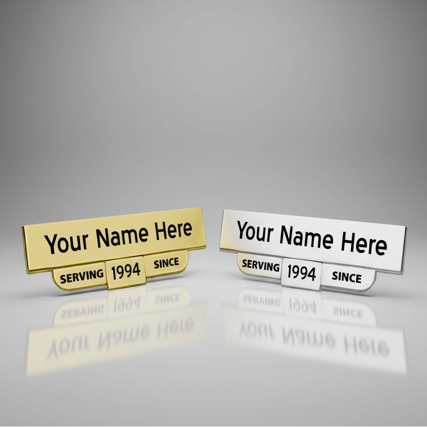 Two name tags with 'Your Name Here' text on a gray background