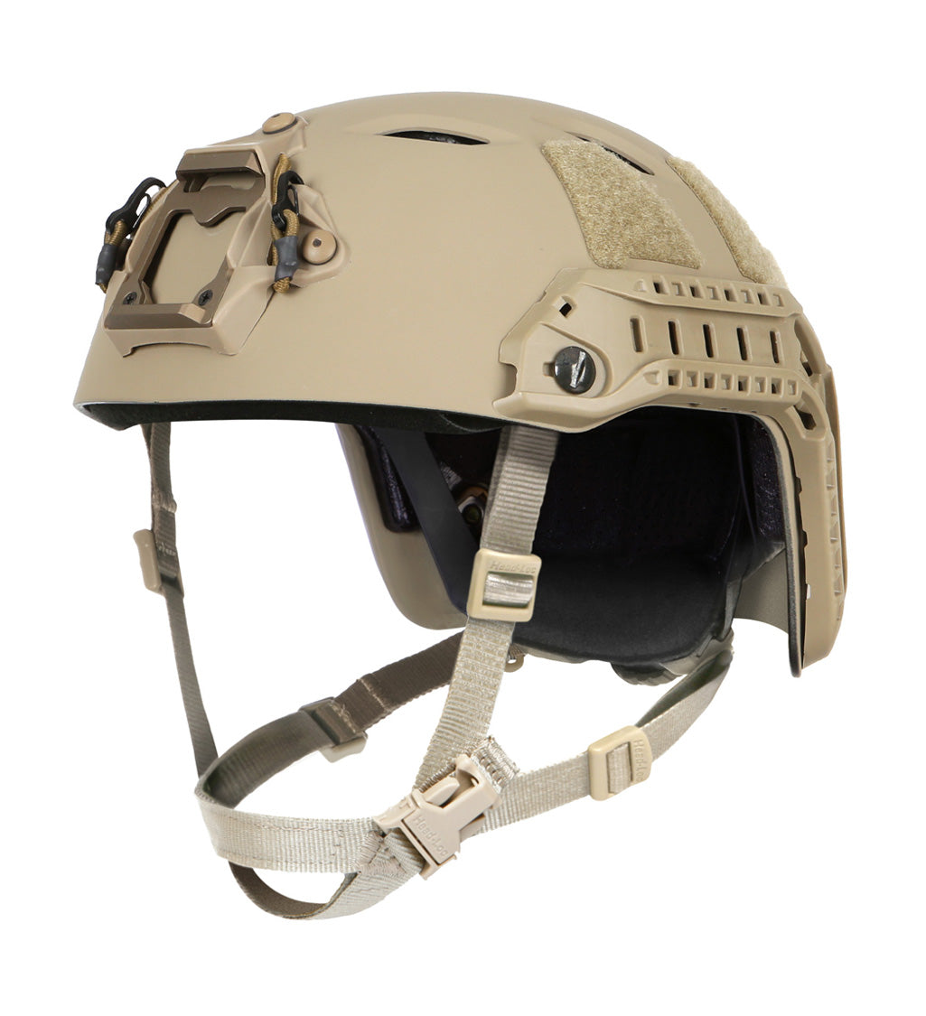 Rear view of Ops-Core FAST Bump Helmet System A15057 in Tan 499 showing VELCRO loop field, bilateral ARC rails, and Occ-Dial retention knob on a white background