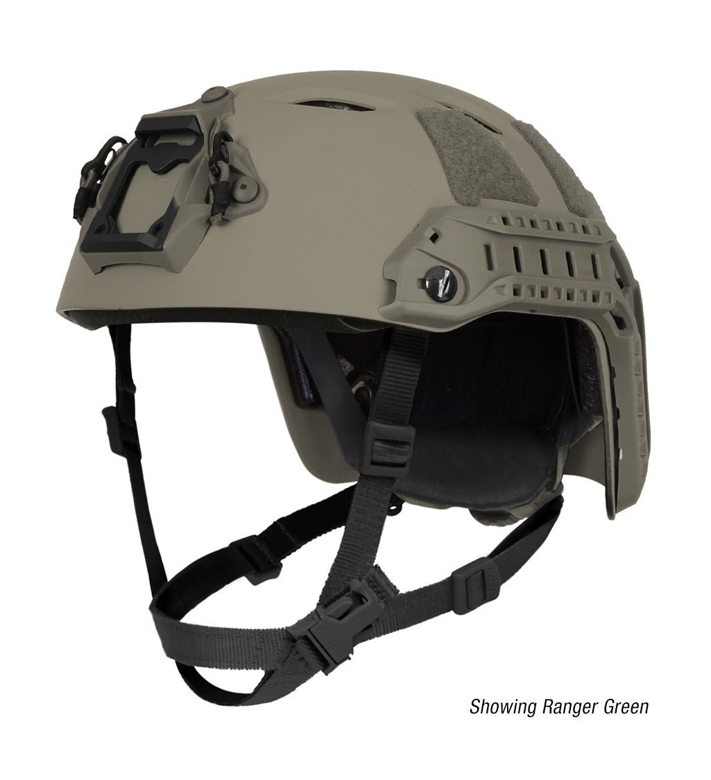 Rear view of Ops-Core FAST Bump Helmet System A15057 in Ranger Green showing VELCRO loop field, bilateral ARC rails, and Occ-Dial retention knob on a white background