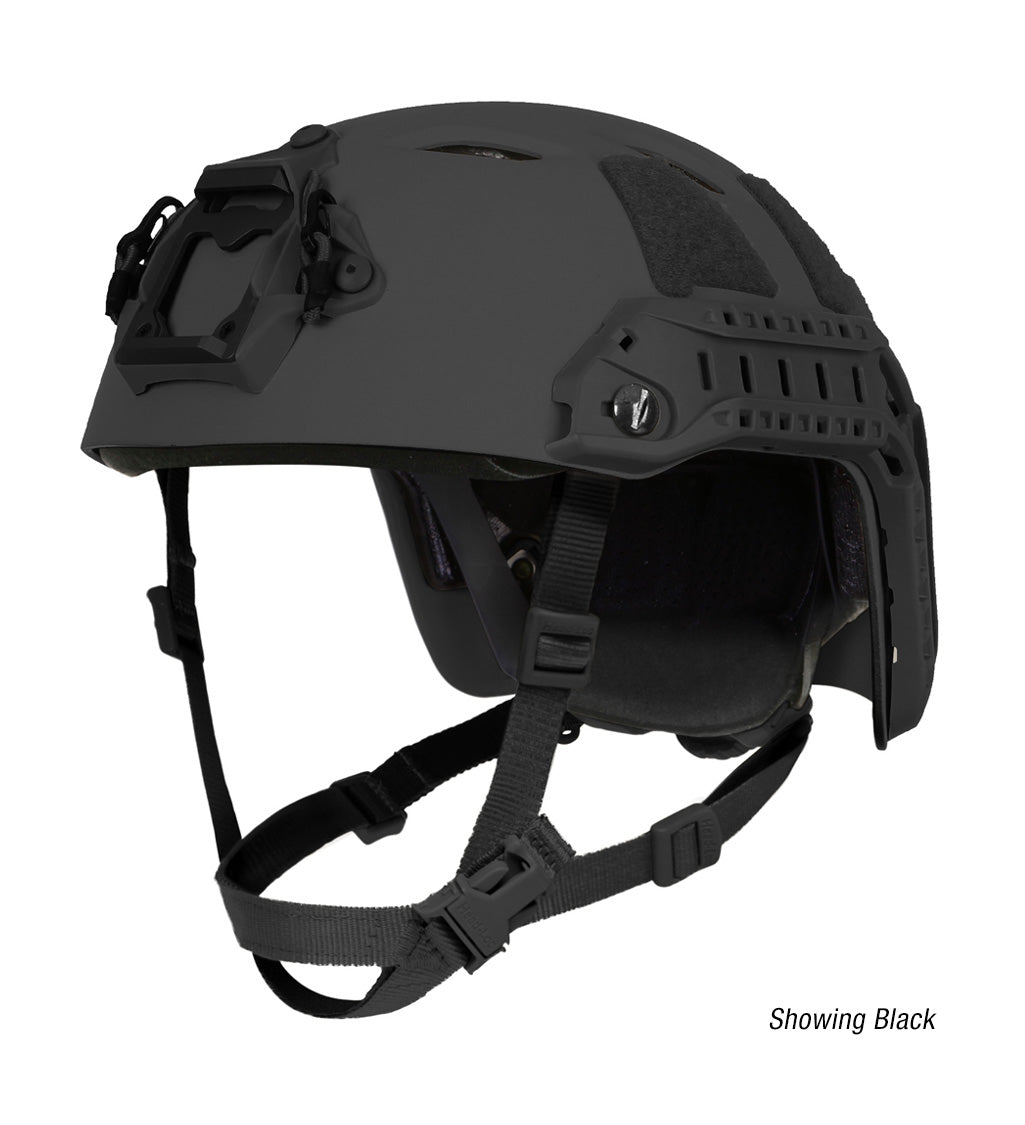 Ops-Core FAST Bump High Cut Helmet System A15057 in Black showing high-cut shell profile, ARC rails, and Head-Loc chin strap hardware on a white background