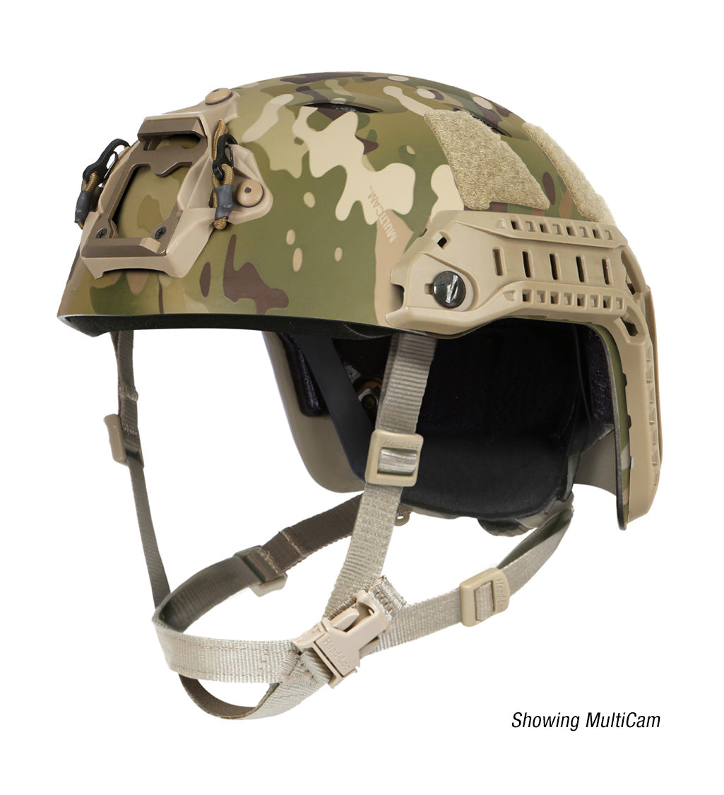 Ops-Core FAST Bump High Cut Helmet System A15057 in MultiCam showing NVG shroud mount and bilateral ARC rail accessory zones with a white background