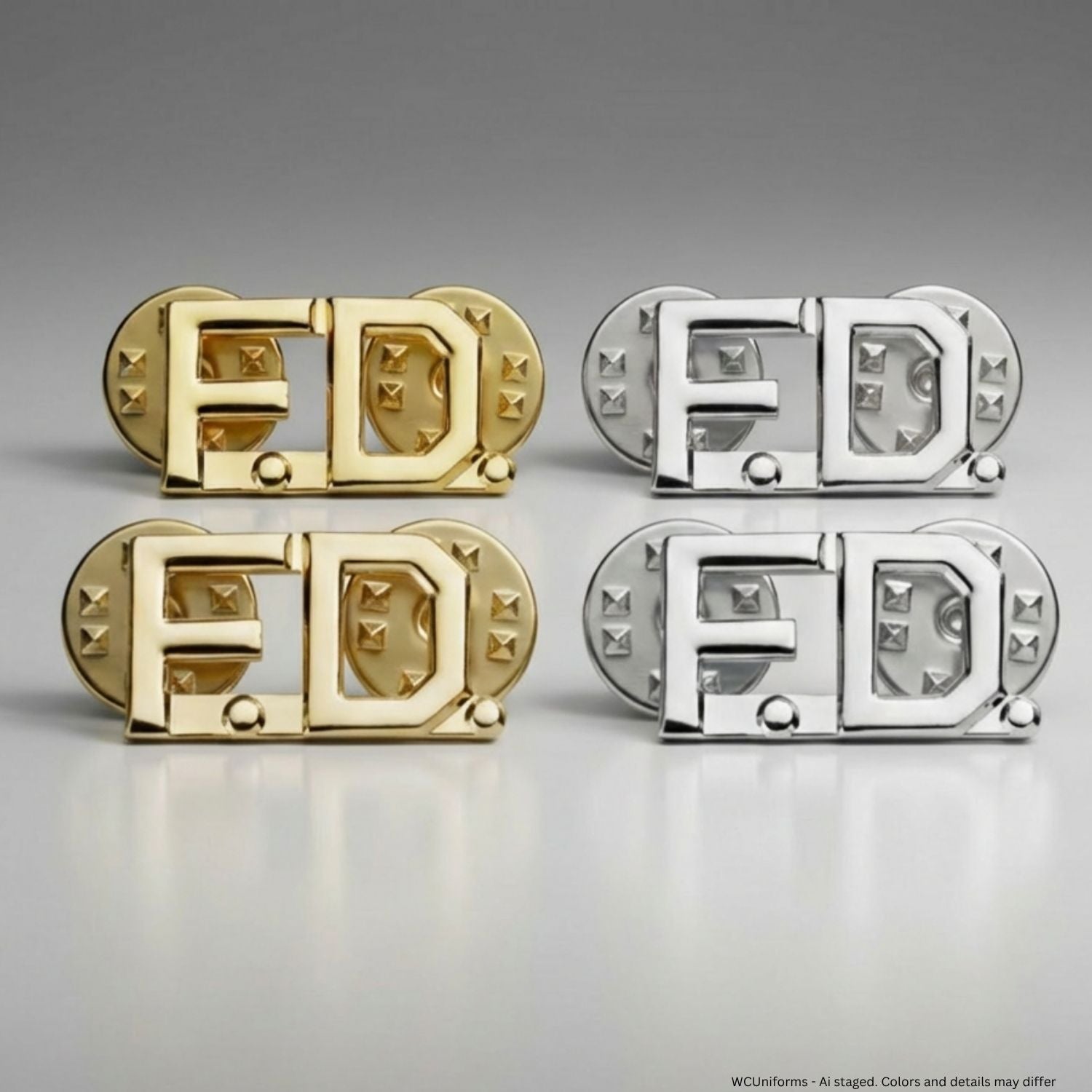 Gold and silver 'FD' letter pendants on a gray background