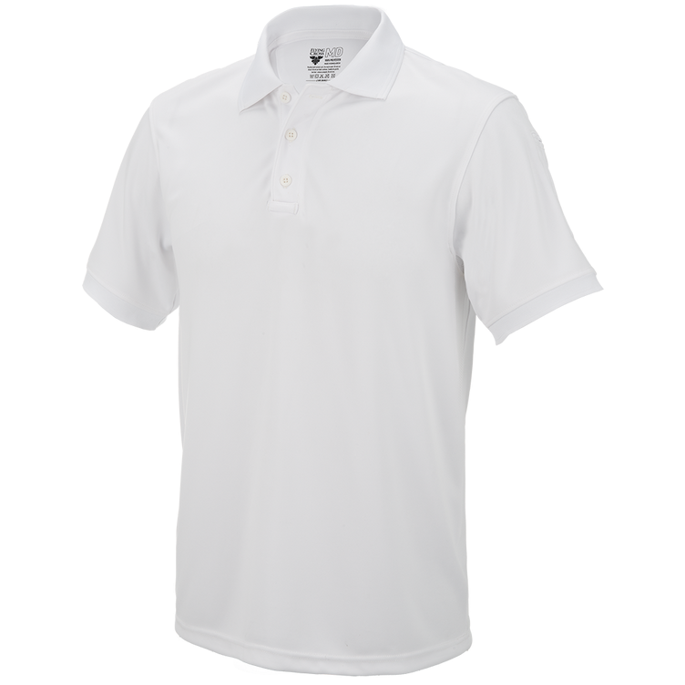 White short sleeve polo shirt designed for comfort and mobility, featuring moisture-wicking fabric and modern cut.