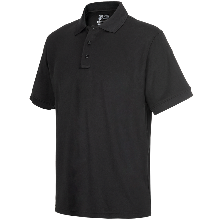 Flying Cross Short Sleeve Impact Polo 2.0 in black, featuring moisture-wicking fabric and underarm gusset for mobility.