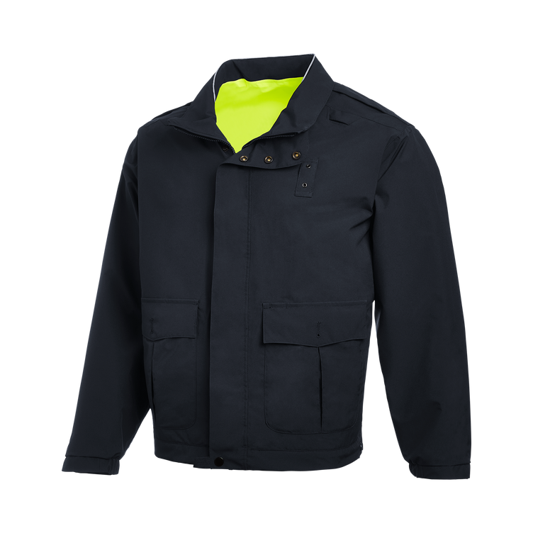 Flying Cross Dutyguard RT Reversible Bomber Jacket in black with bright yellow interior, designed for public safety professionals.