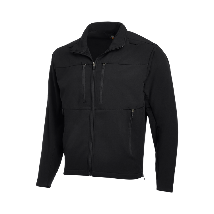 Flying Cross Dutyguard Full Zip Softshell Jacket in black, offering wind and water protection with pockets for secure storage.