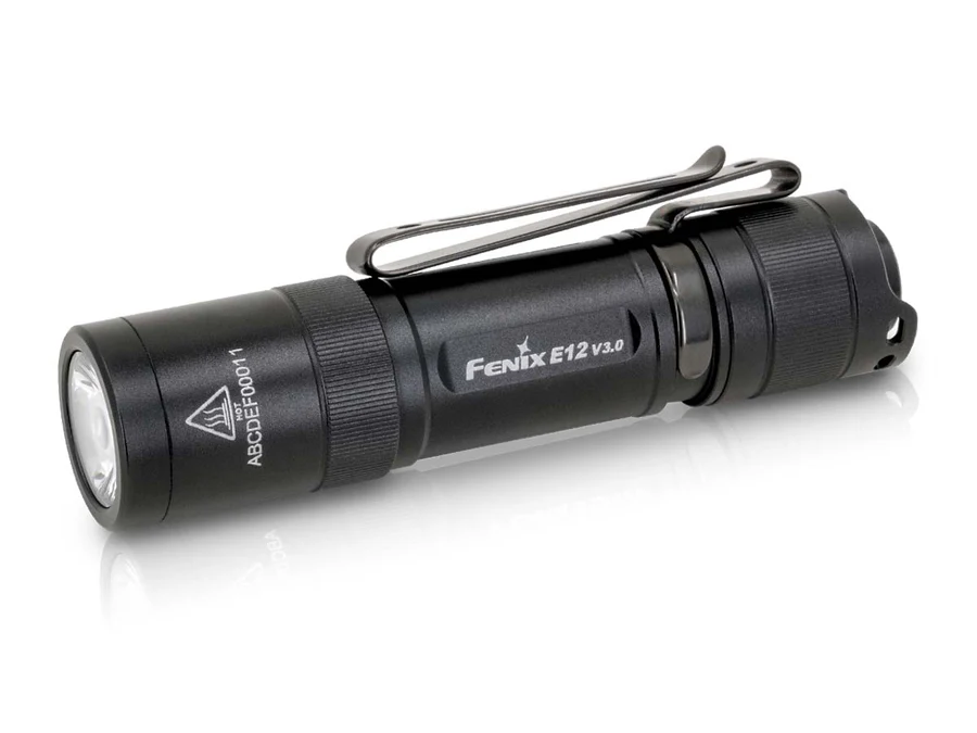 Fenix E12 V3.0 Black Flashlight with 200 lumens, compact design and two-position body clip for versatile carrying.