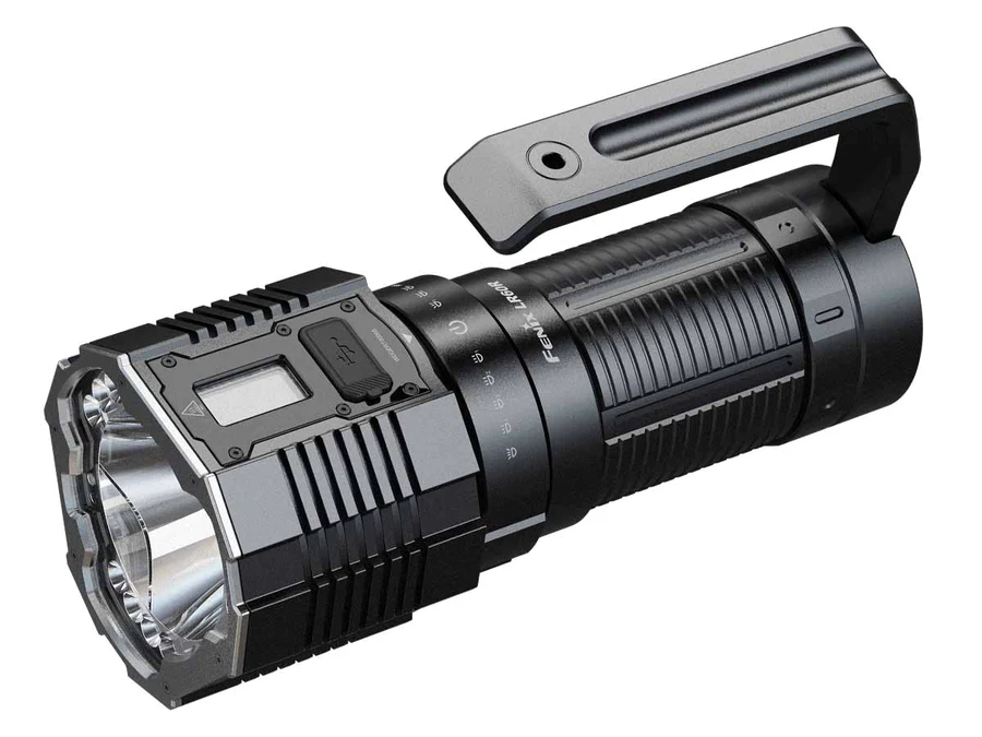 Fenix LR60 Rechargeable Search Flashlight with rotary switch and OLED display for versatile lighting modes.