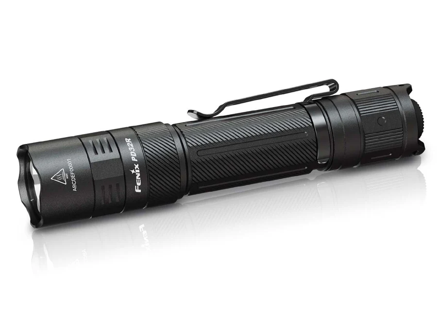 Fenix PD32R rechargeable flashlight with multi-function tail switch and compact design for optimal brightness and portability.