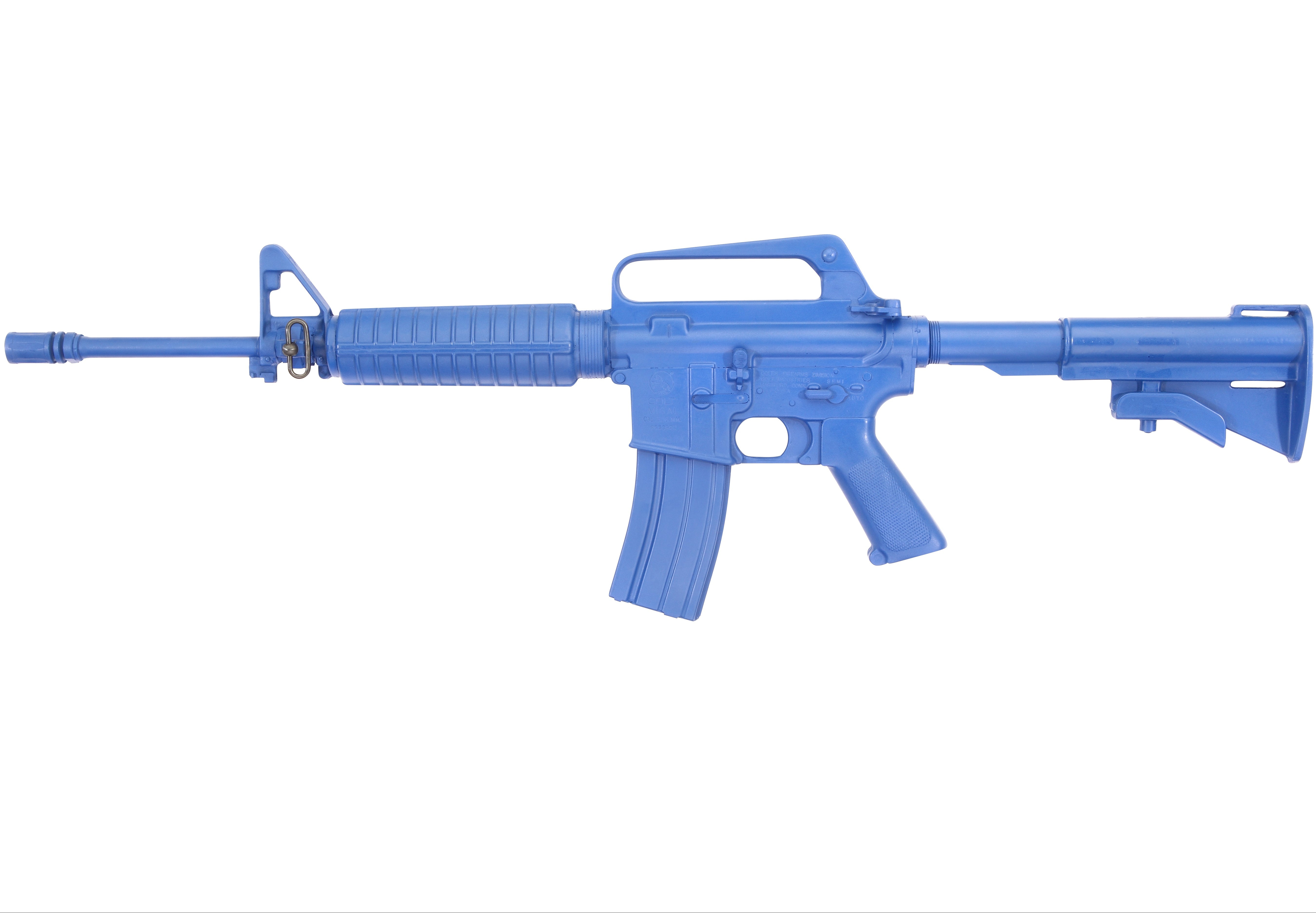 Blue training rifle on a white background