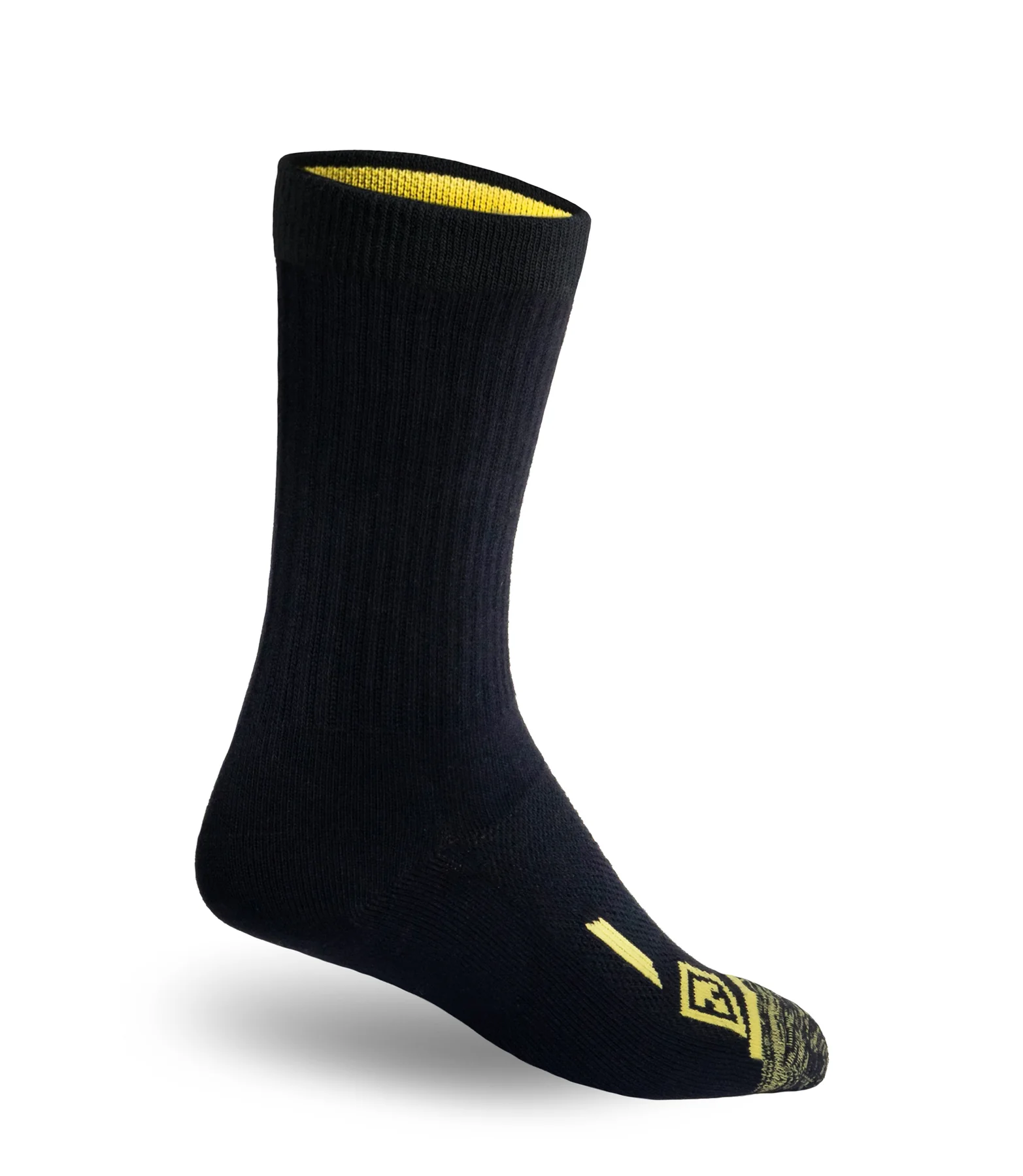 First Tactical CTN 6" Duty Sock in black with yellow accents, designed for comfort and moisture-wicking performance.