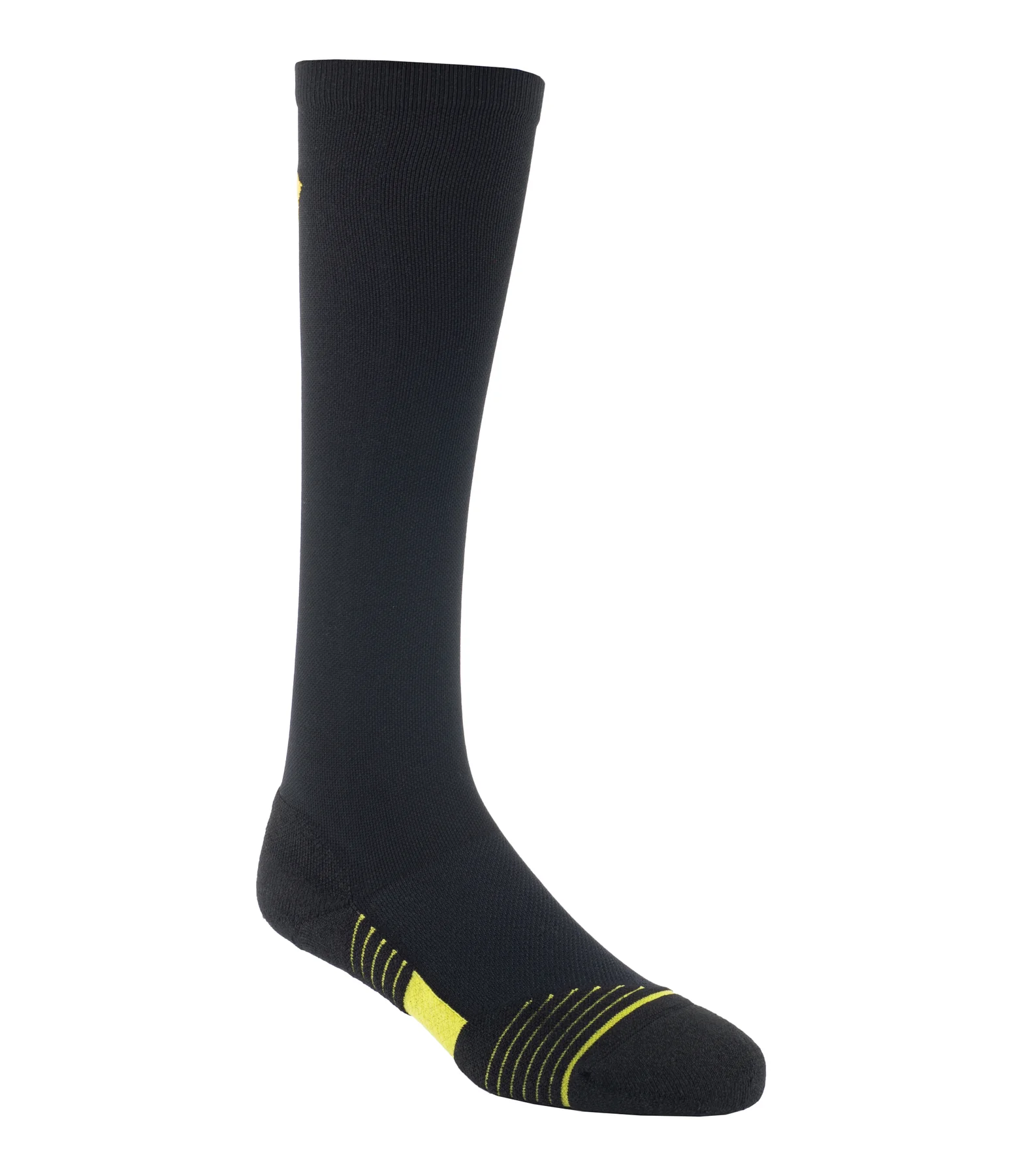 First Tactical Advanced Fit Duty Sock in black with yellow accents, designed for comfort and performance during long shifts.