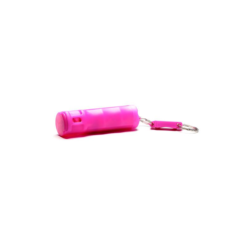 Pink whistle with a keyring on a white background