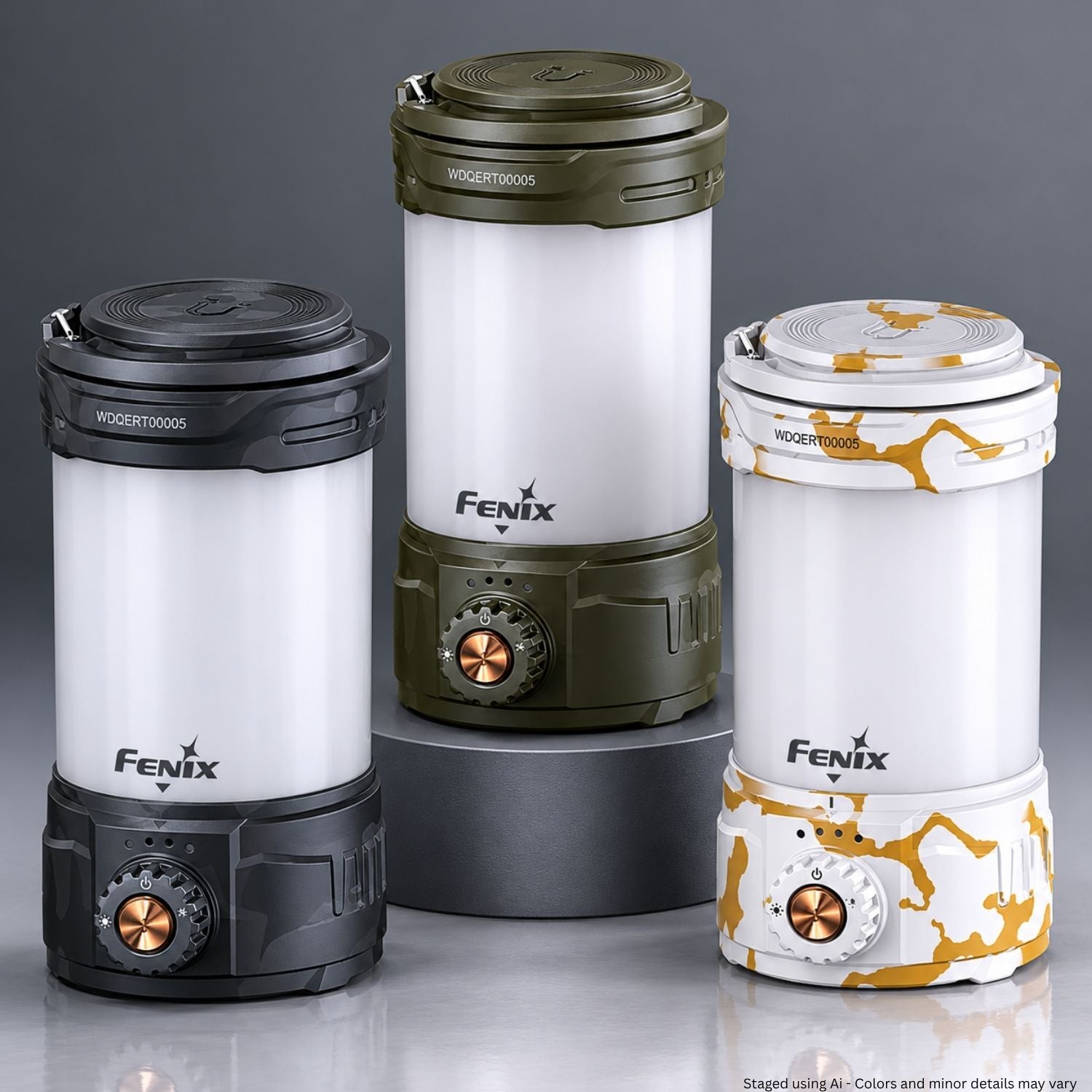 Three Fenix lanterns in different designs on a gray background