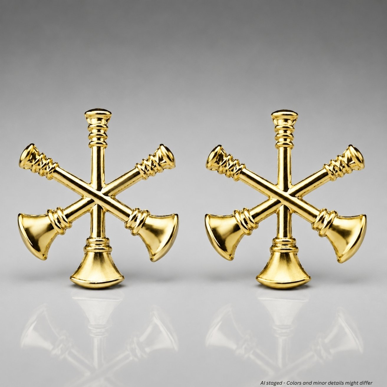 Silver First Class fire bugle assistant fire chief rank insignia pins, model IN83, shown as a pair
