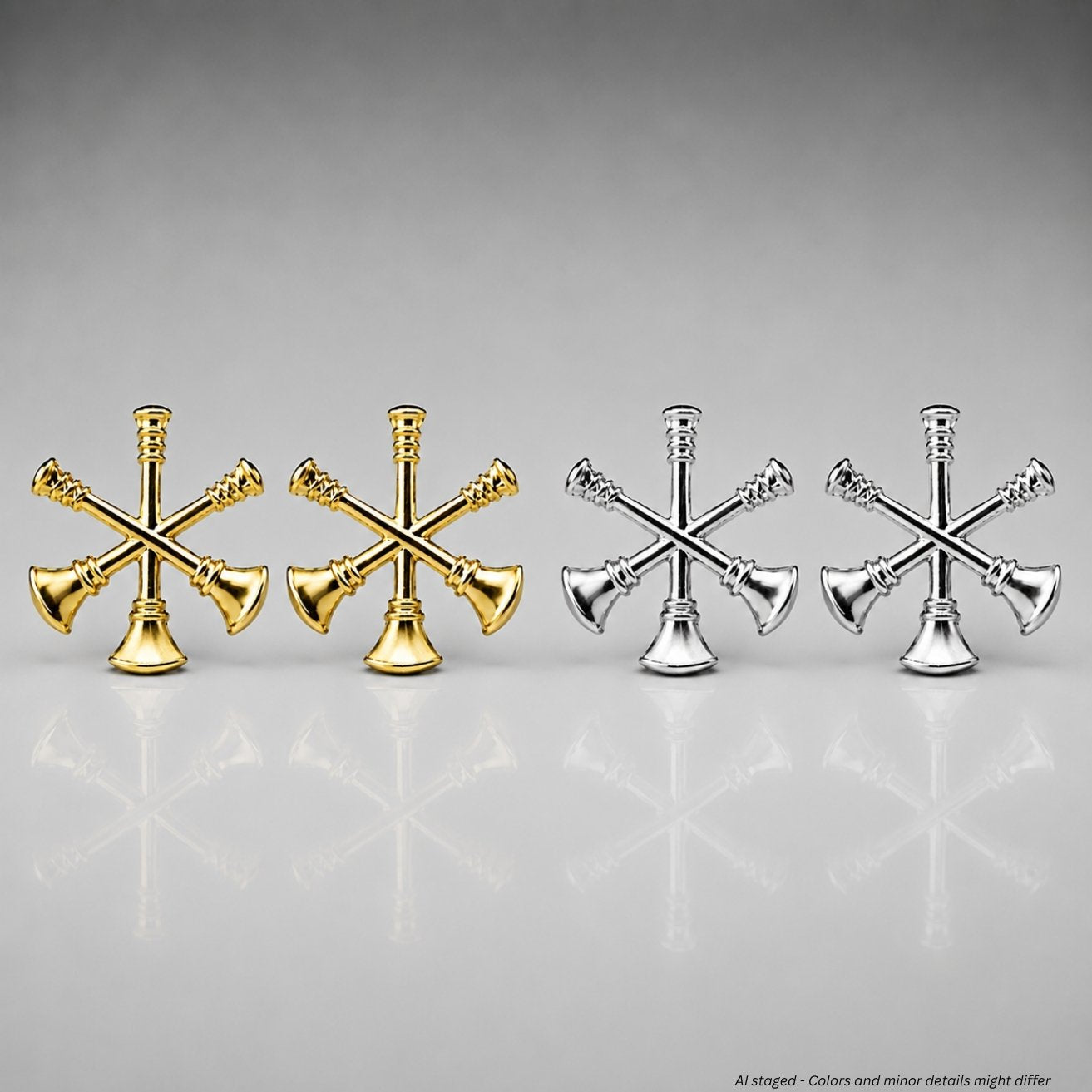 First Class Fire Bugle gold assistant fire chief collar insignia pins, model IN82, sold in pairs