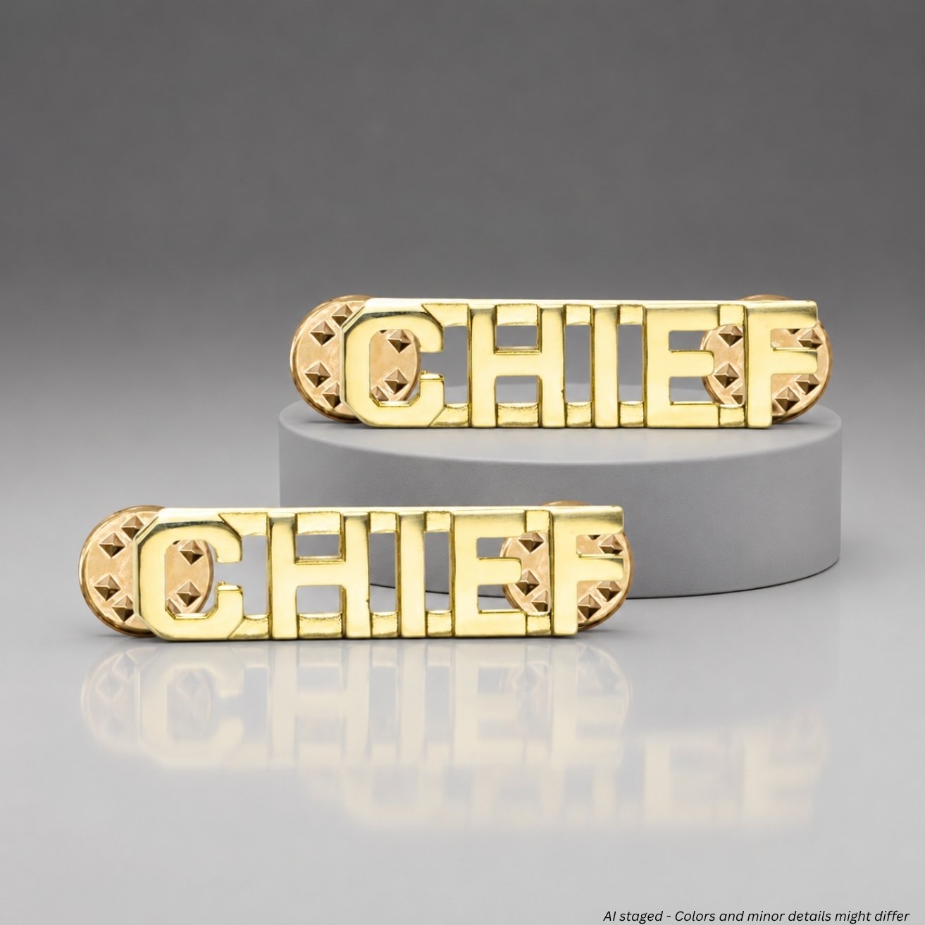 First Class Chief Collar Pins gold and silver finish pairs side by side, rank insignia models IN60 and IN61