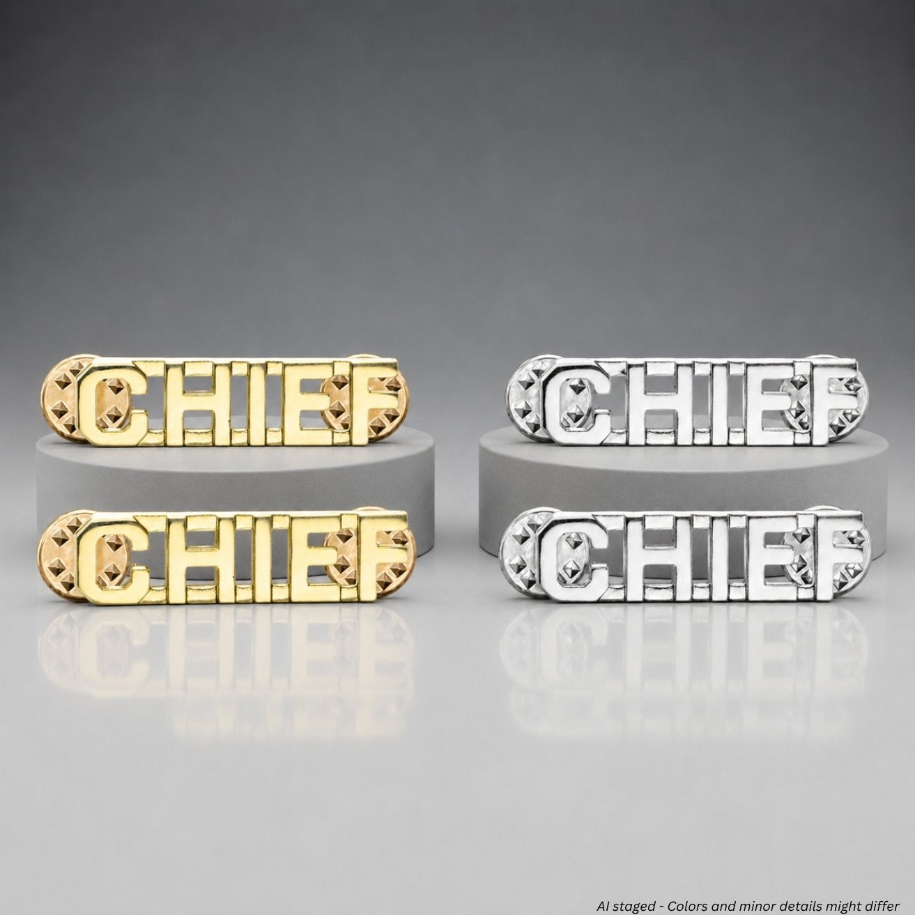 First Class Chief Collar Pins gold finish pair, polished open block-letter CHIEF insignia, model IN60