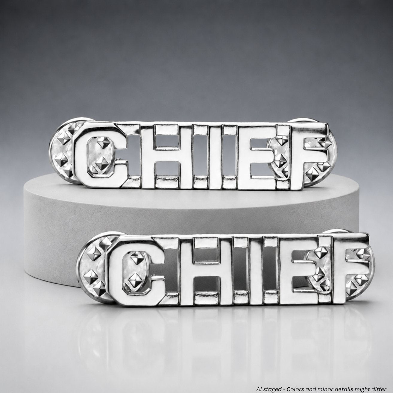 First Class Chief Collar Pins silver finish pair, bright polished block-letter CHIEF design, model IN61