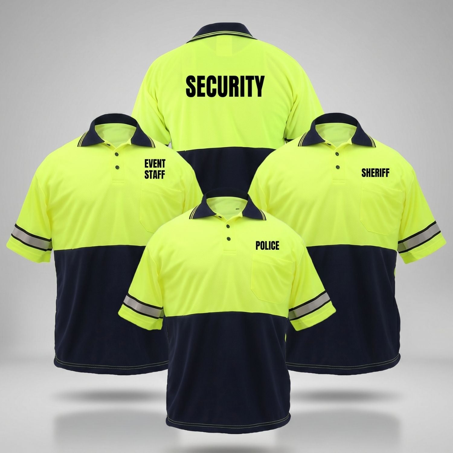 Four neon yellow and navy blue polo shirts with various text labels on a gray background
