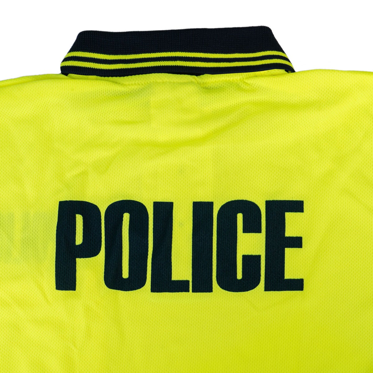 Yellow police polo shirt with 'POLICE' text on a white background