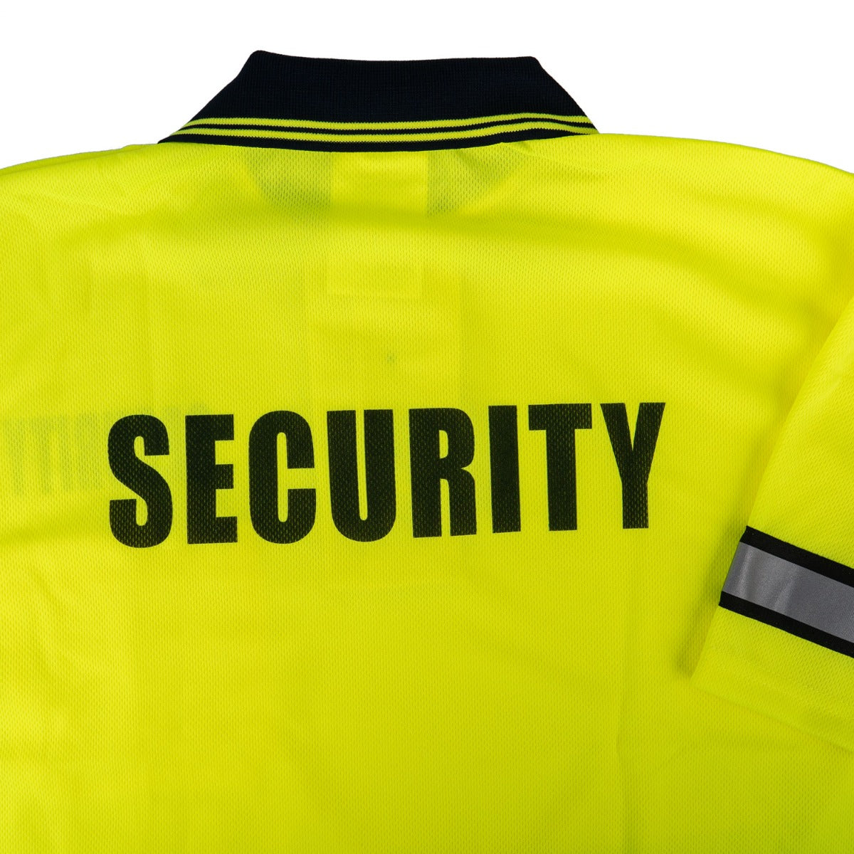 Yellow security polo shirt with 'SECURITY' printed on the back against a white background