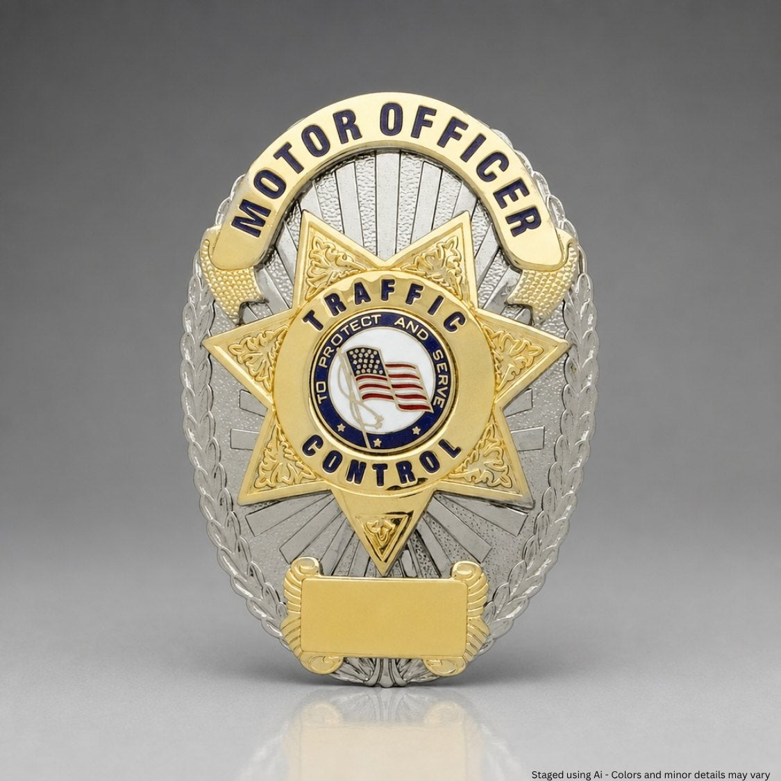 Motor Officer badge with gold and silver design on a gray background