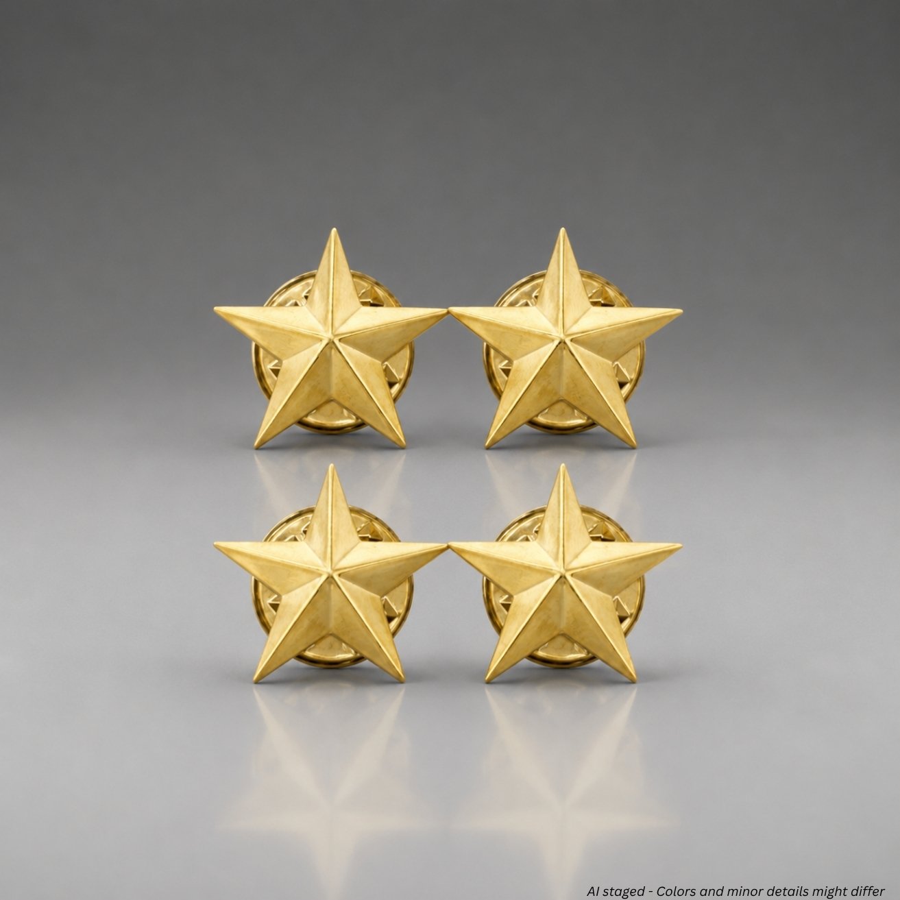 First Class Two Star Collar Insignia gold-plated model IN32, showing three-dimensional faceted five-pointed star design with clutch-back fasteners