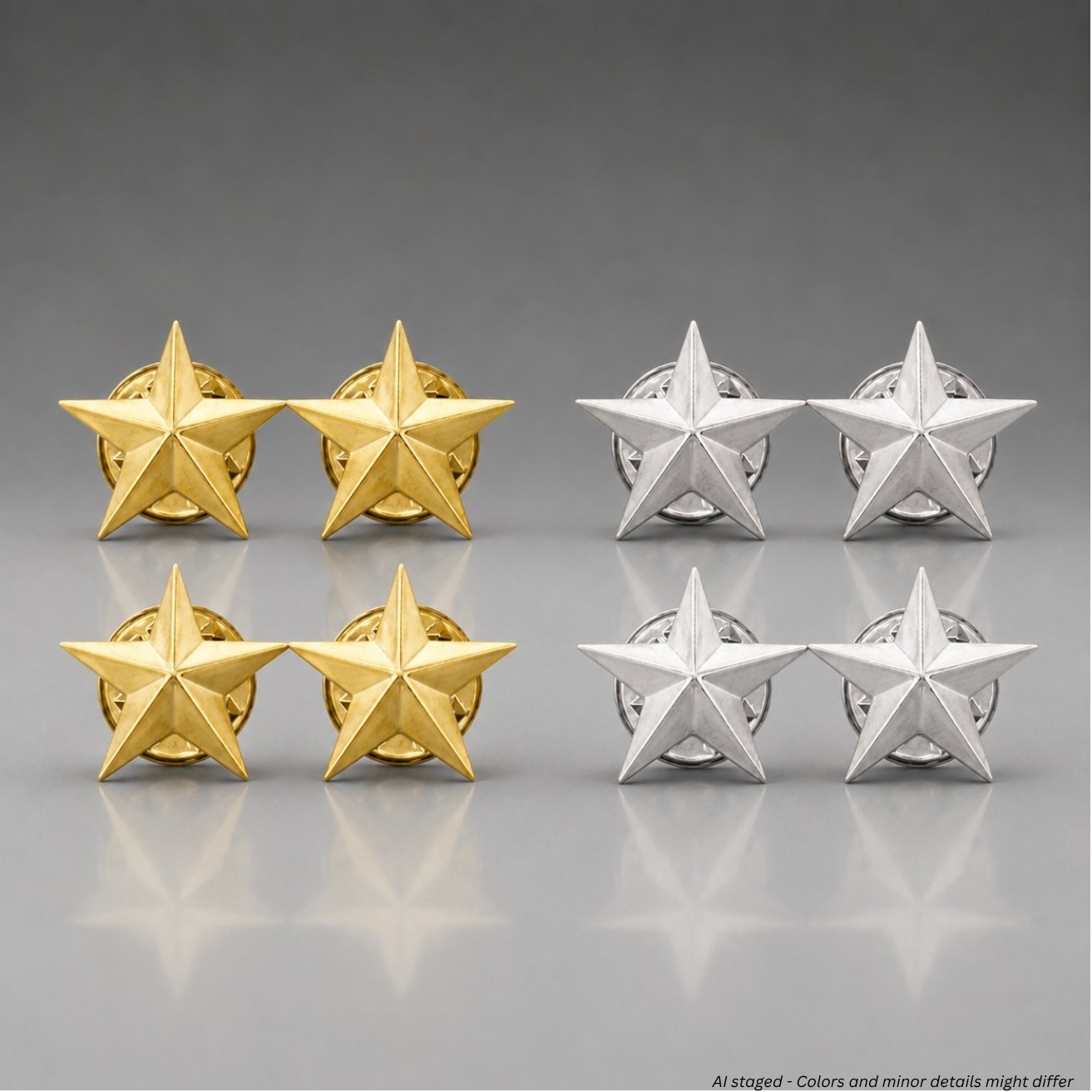 Gold and silver First Class Two Star Collar Insignia pairs IN32 and IN33 displayed side by side for finish comparison