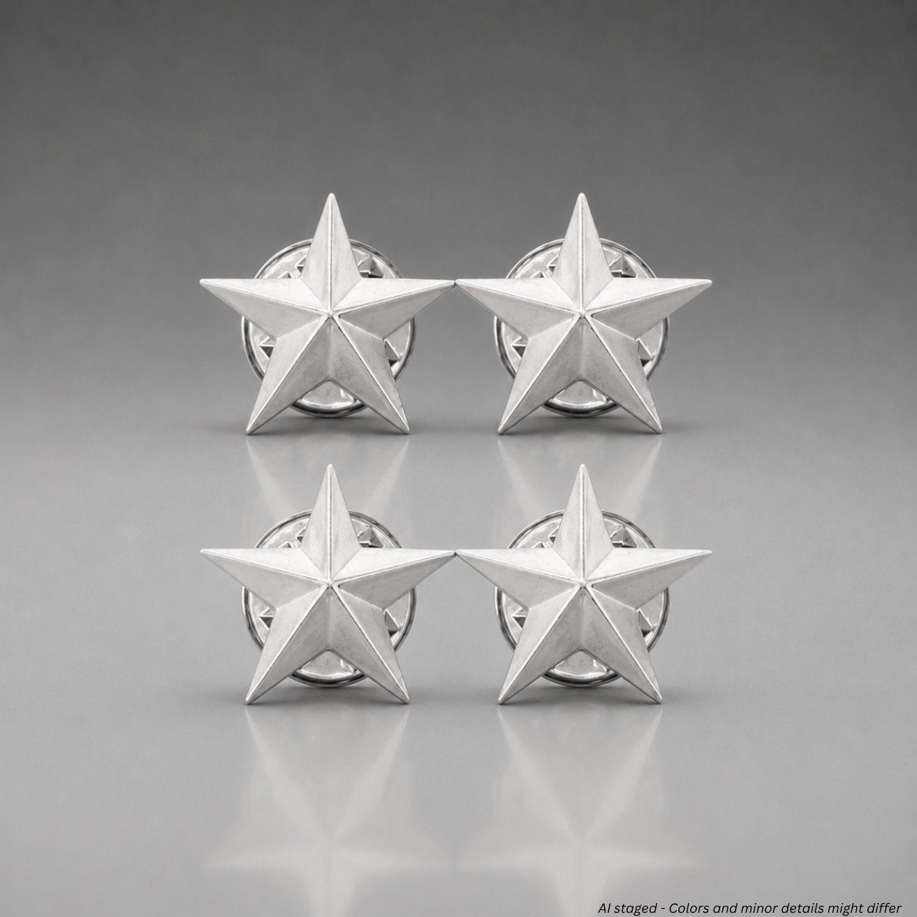 First Class Two Star Collar Insignia silver-plated model IN33 with polished silver finish and clutch-back fasteners, set of four pins