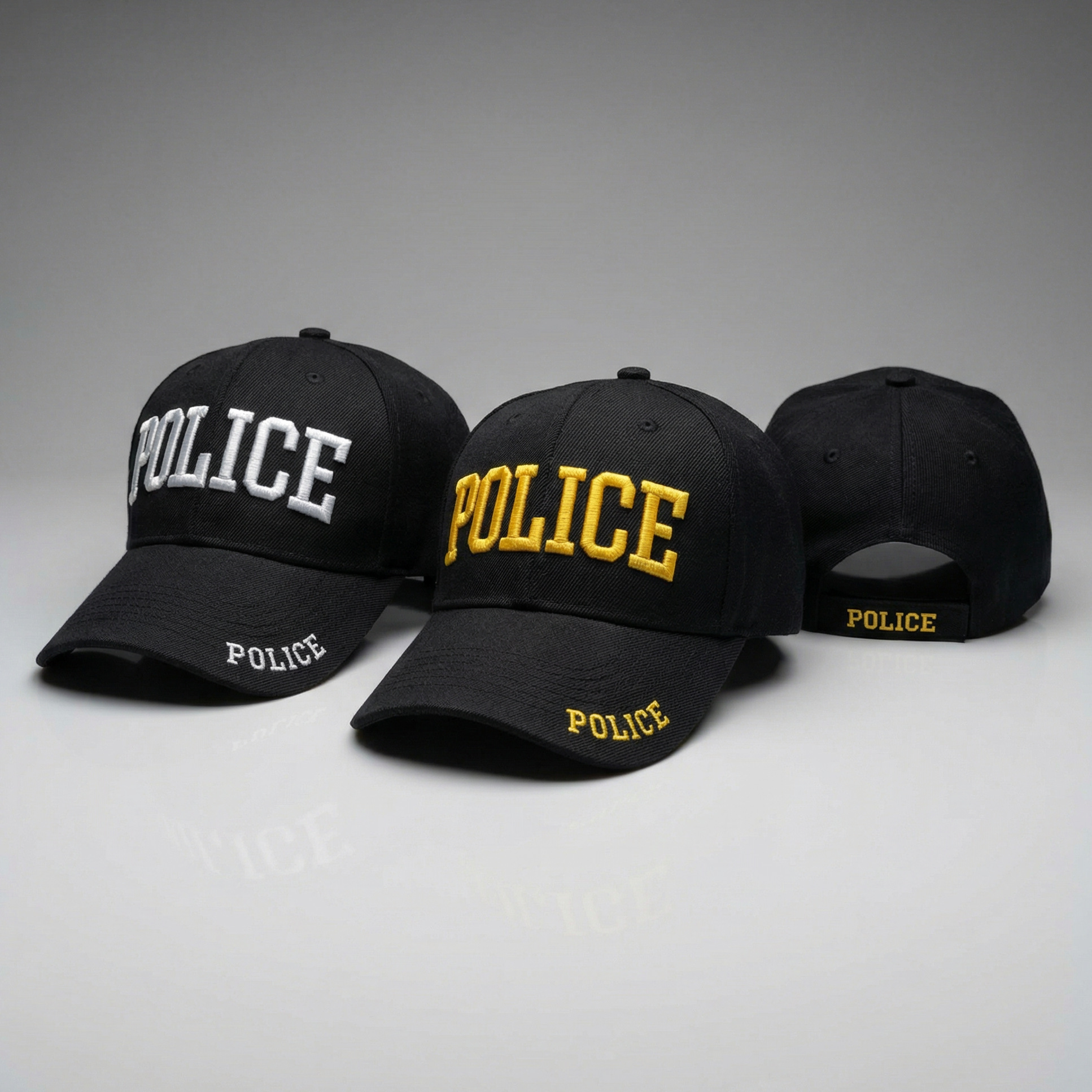 Three black police caps with 'POLICE' text on a gray background