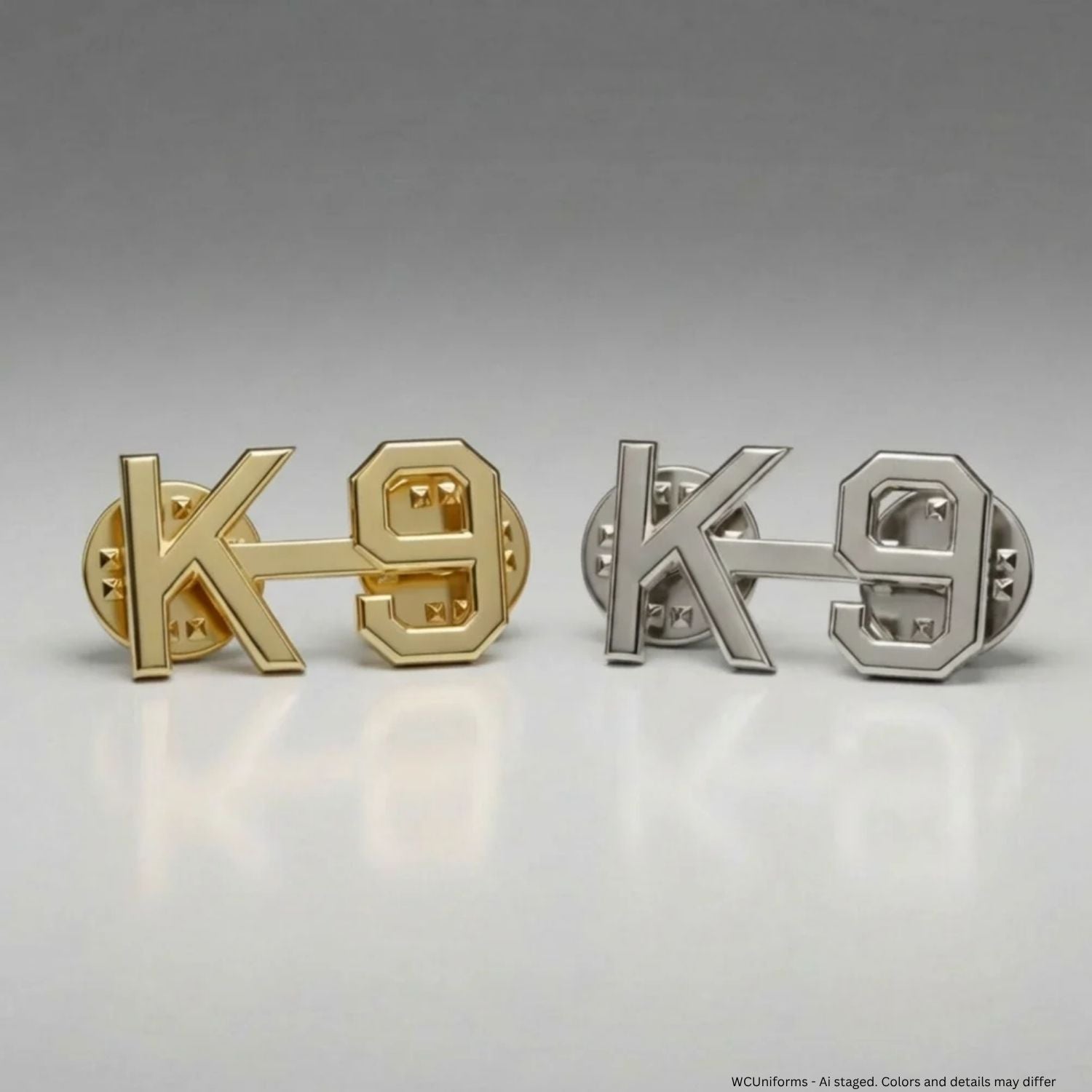 Gold and silver 'K-9' pins on a gray background