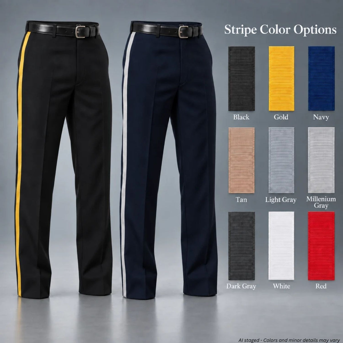 First Class Uniforms SP12 striped polyester uniform pants in black and dark navy with 9 stripe color options