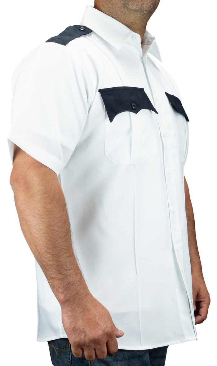 White with navy blue pockets and epaulets First Class Uniforms Two-Tone Short Sleeve Shirts