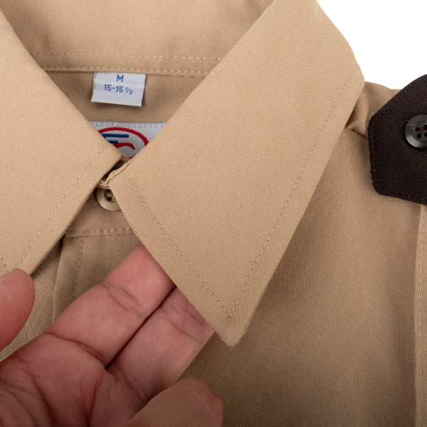 Close up photo of the tan version of First Class Uniforms Two-Tone Short Sleeve Shirts