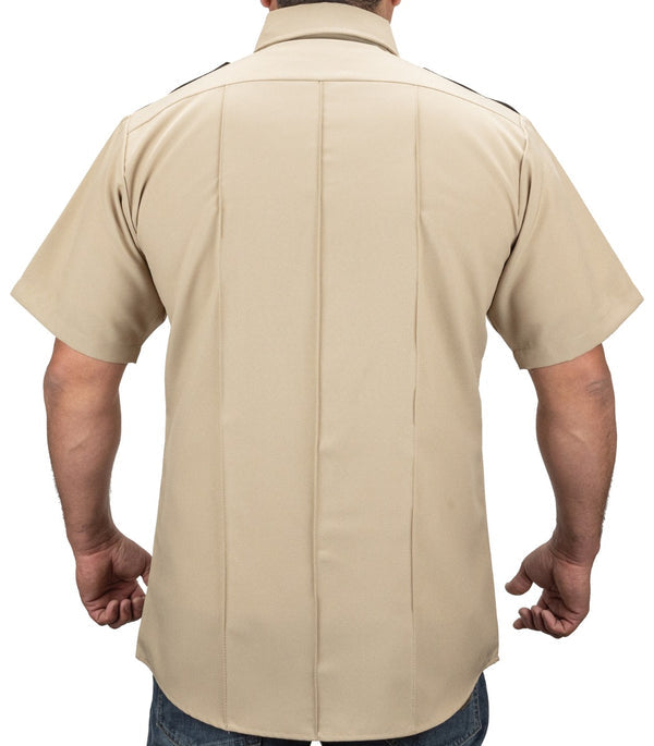 Rear view of the tan First Class Uniforms Two-Tone Short Sleeve Shirts