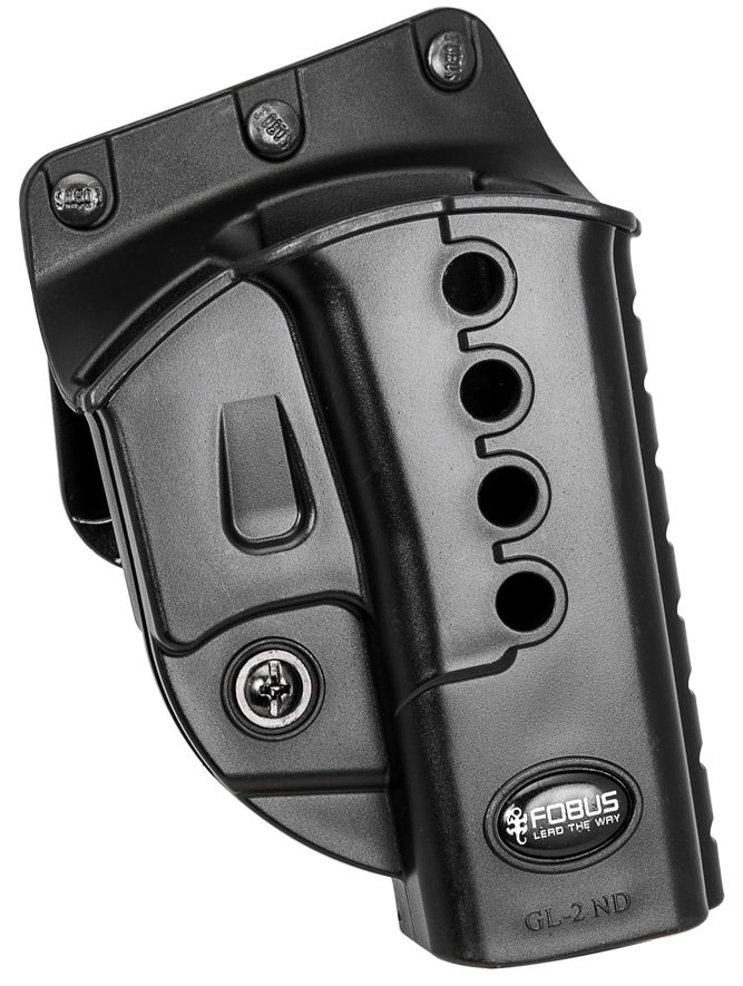 Black gun holster with visible branding on a white background