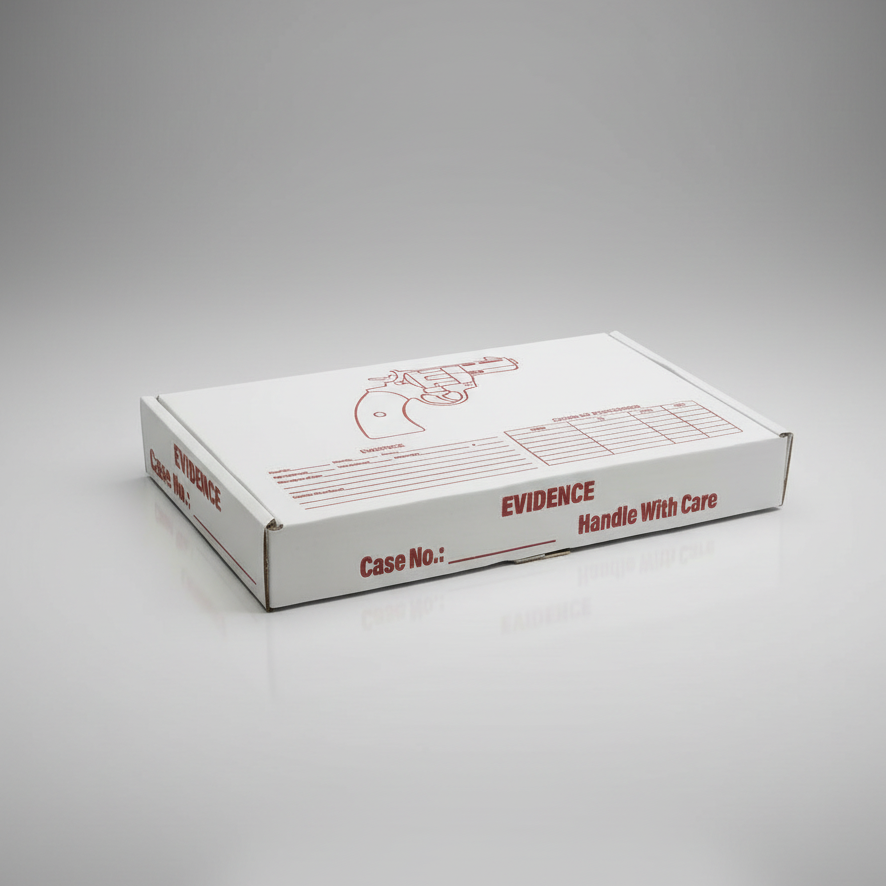 White gun evidence box with red text on a gray background