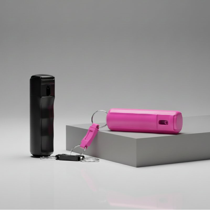 Black pepper spray and pink pepper spray can on a gray platform with a gray background