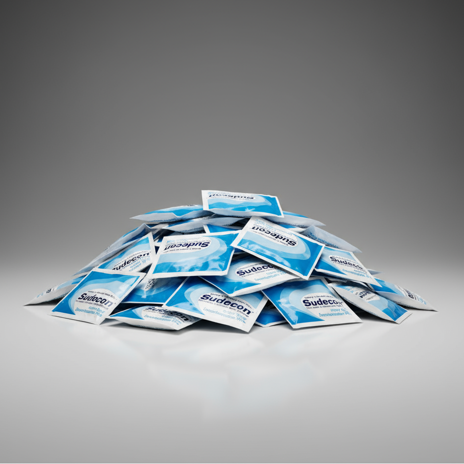 Pile of Sudecon packets on a gray background