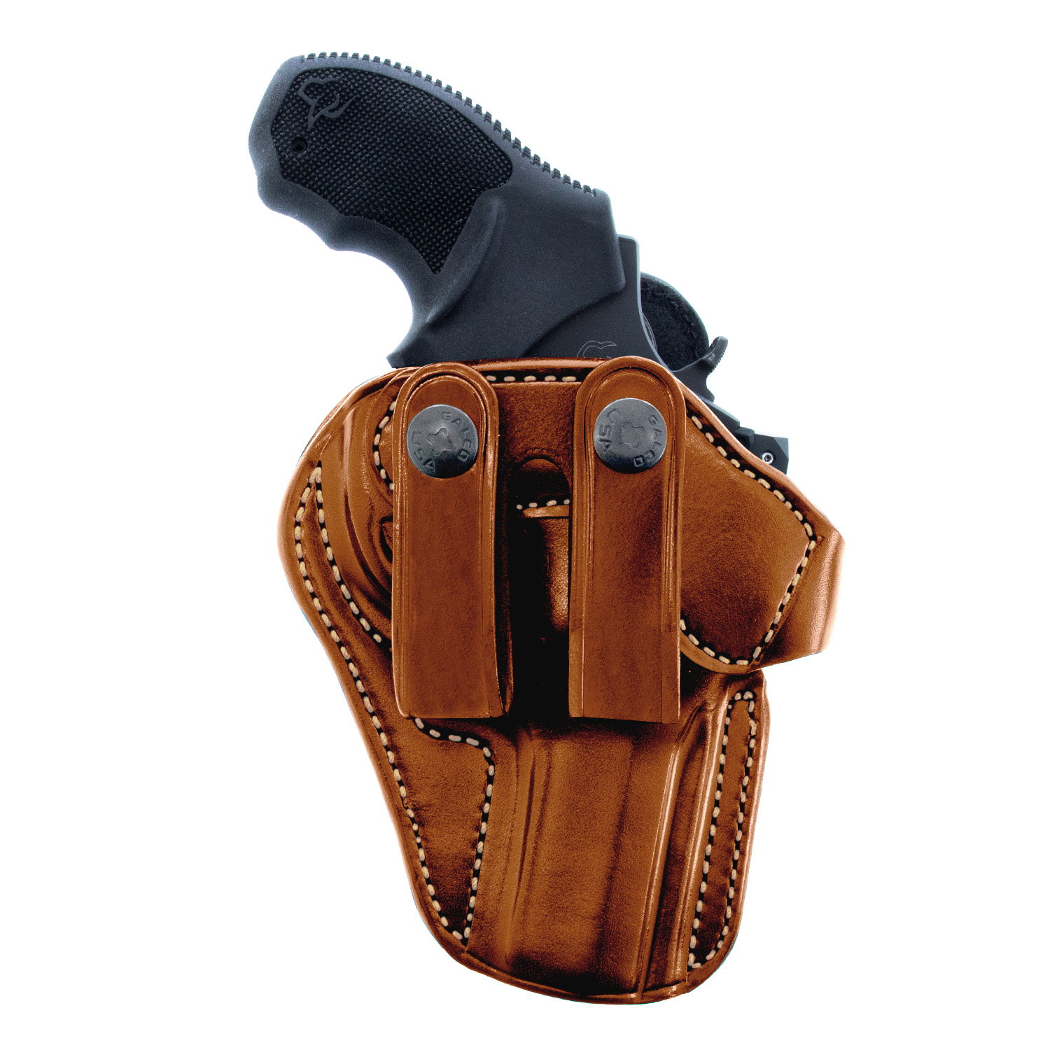 Galco Gunleather Hawkeye IWB Holster showcasing premium steerhide with handgun, designed for comfort and easy access.