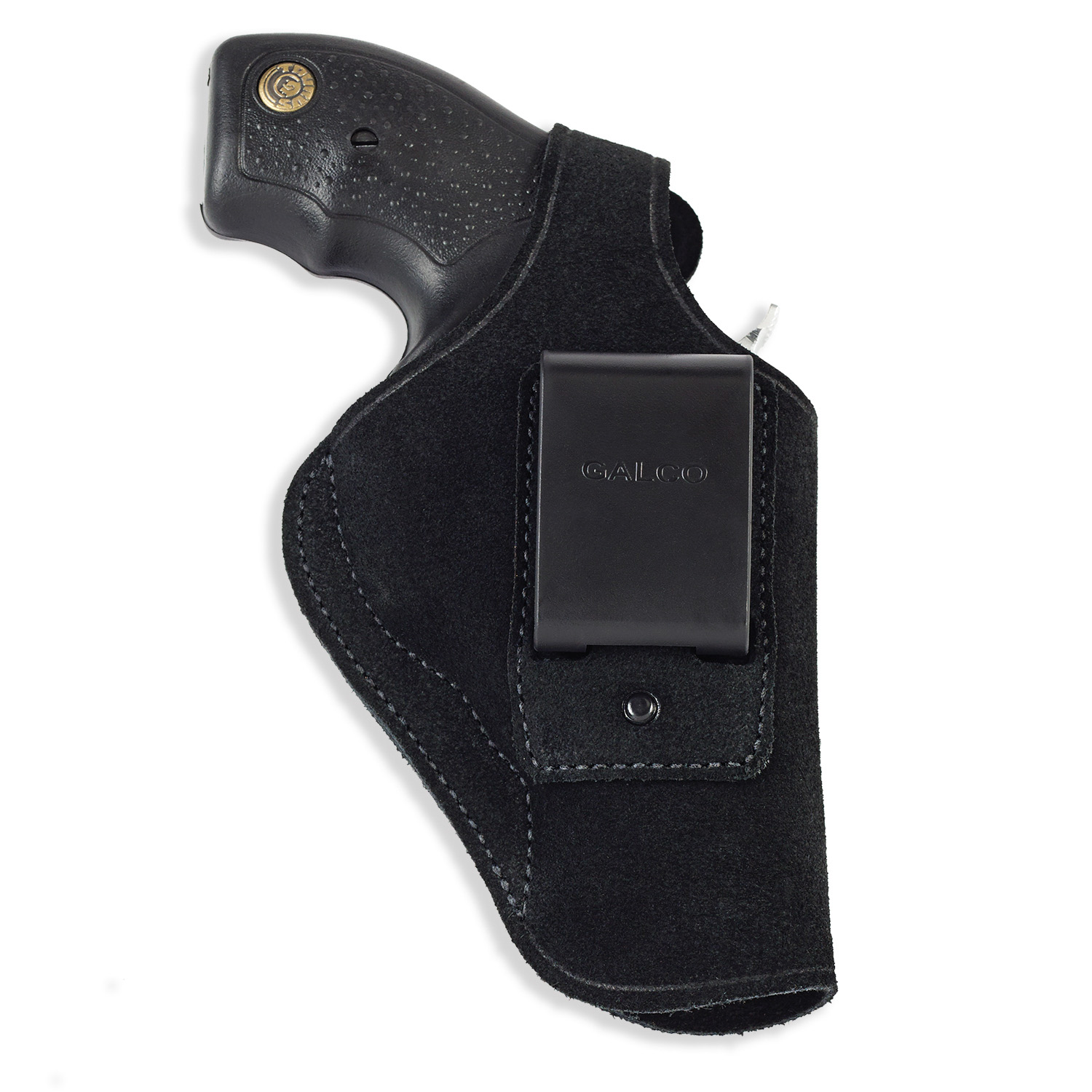 Galco Gunleather IWB holster featuring a reinforced thumb break and injection-molded J-clip for secure belt attachment.